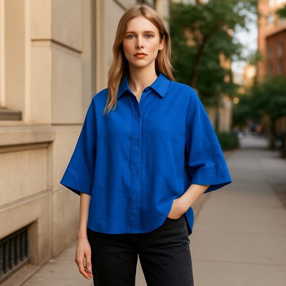 NWT ZARA Linen Blend  Relax Fit Button Down Shirt Cobalt Blue Small Oversized - Picture 1 of 8
